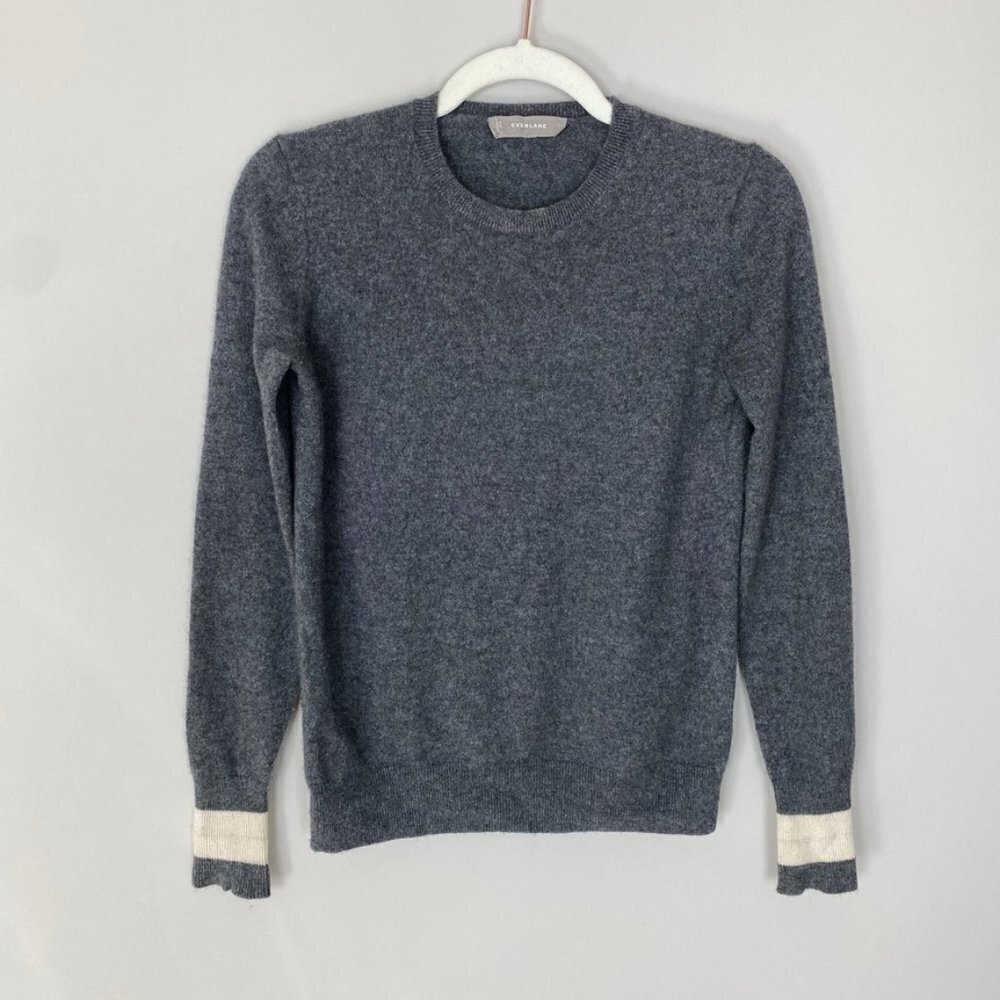 Everlane Cashmere Sweater Gray White‎ Cuffs Crew Neck Womens XS
